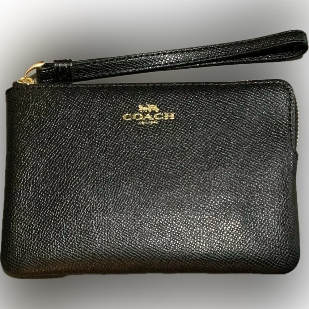 👜Coach Black Crossgrain Leather Wristlet Wallet Gold Zip NWT Style 58032